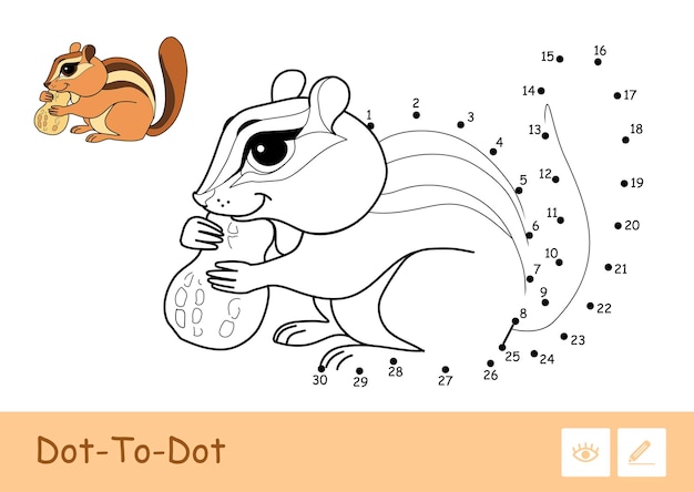 Colorful vector template and colorless contour dottodot cute a chipmunk gnawing a nut isolated on white background Wild animals preschool kids coloring book illustrations and developmental activity