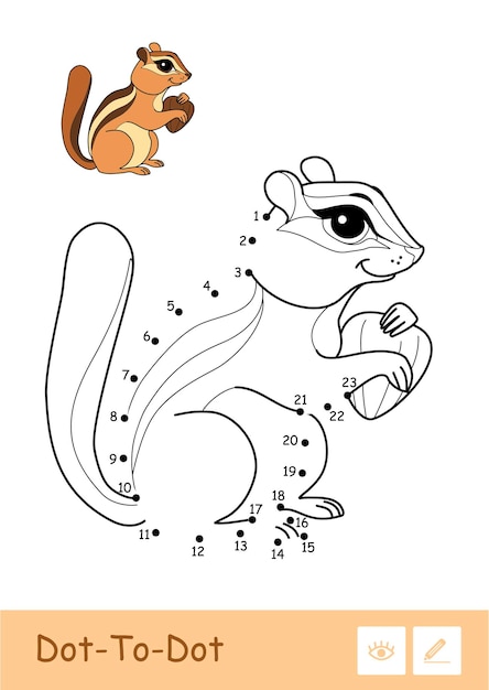 Colorful vector template and colorless contour dottodot cute a chipmunk holding a nut isolated on white background Wild animals preschool kids coloring book illustrations and developmental activity