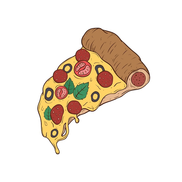 Colorful Vegetable and Meat Pizza Slice With Doodle Style on White Background