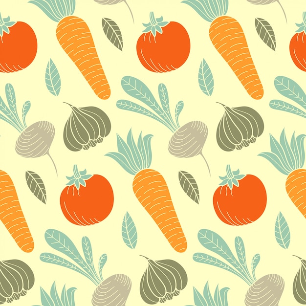 Colorful vegetable  seamless pattern with carrot, tomato, turnip, radish etc. organic food hand drawn background.