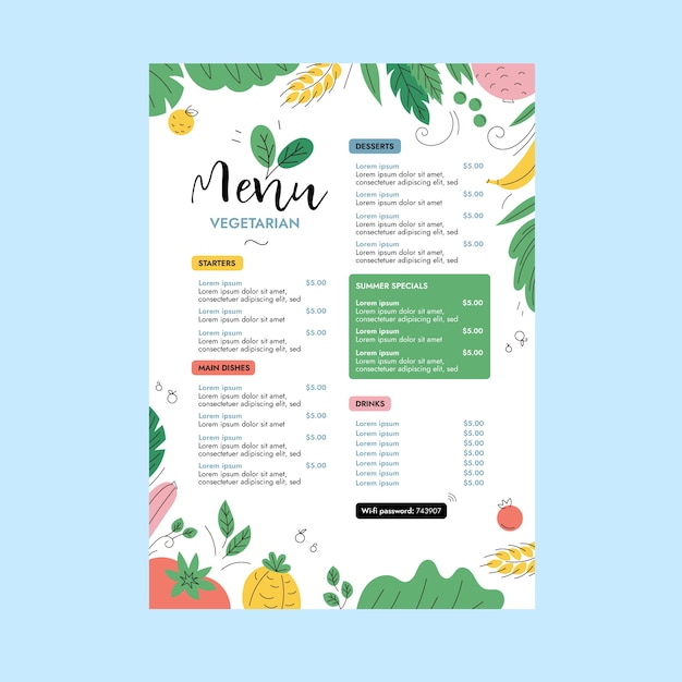 Colorful vegetarian menu design illustration