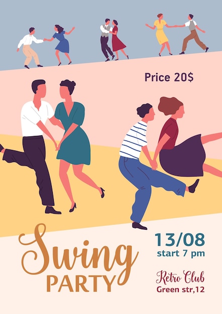 Colorful vertical poster for swing or lindy hop party with different couples dancing. Advertising for retro dance event with a place for text. Vector illustration in flat cartoon style.