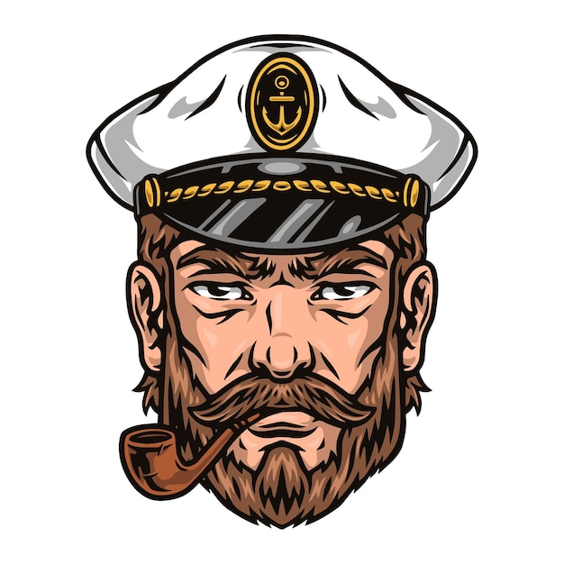 Красочный винтажный бородатый моряк капитан курит трубку изолированный вектор