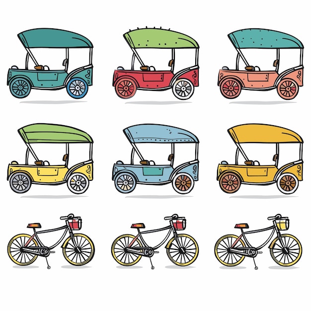 Vector colorful vintage golf carts bicycles line art variety caddies bikes leisure simple clean design