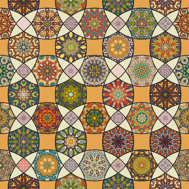 Colorful vintage seamless pattern with floral and mandala elements.