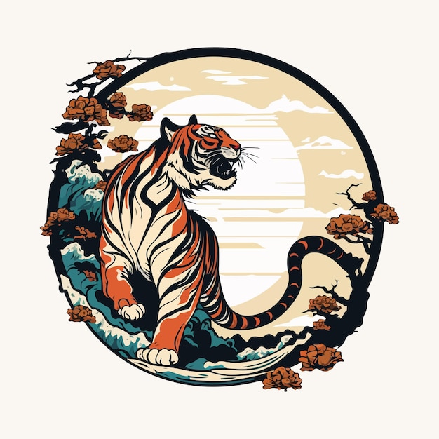 Colorful vintage style japanese tiger illustration