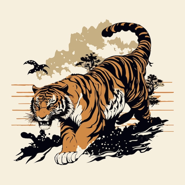 Colorful vintage style japanese tiger illustration