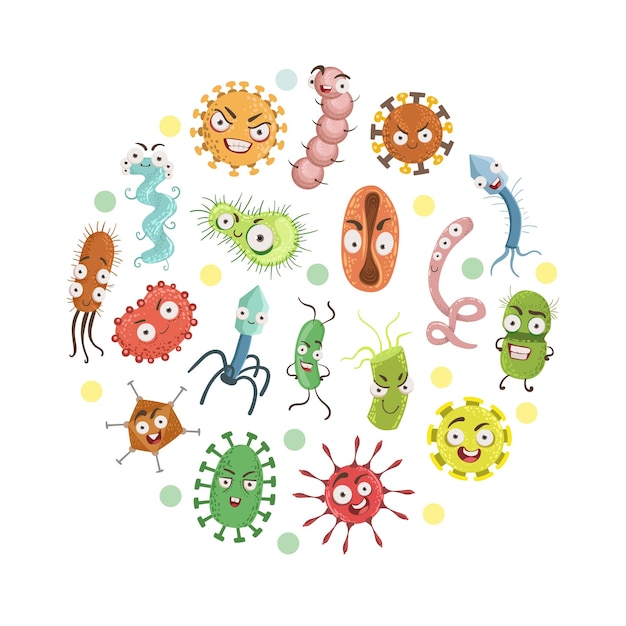 Colorful Viruses Characters of Round Shape Science and Medicine Vector Illustration