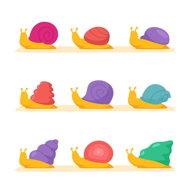 Colorful walking flat snail isolated collection