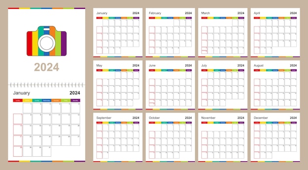 Vector colorful wall calendar for 2024 on beige background week starts on sunday