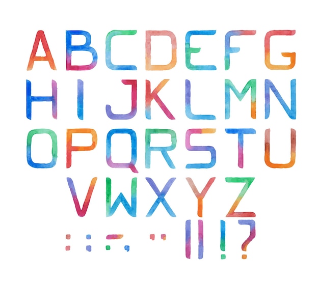 다채로운 수채화 해당 글꼴 유형 필기 손으로 ABC 알파벳 문자를 그립니다