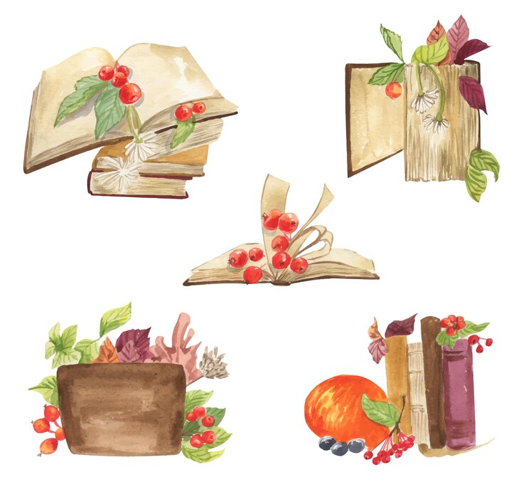 Вектор красочная акварельная коллекция старых книг с осенними листьями, тыквами, яблоками