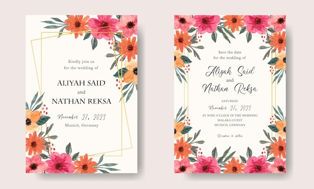 Colorful Watercolor Florals Arrangement Wedding Invitation Card