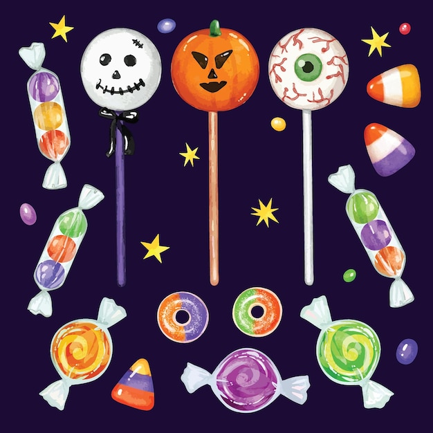 Colorful watercolor Halloween lollipops and candy sweets vector set