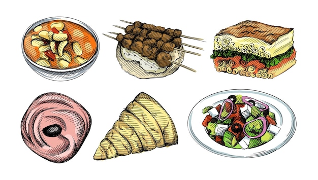 Colorful watercolor illustration. hand drawn illustration set of greek cuisine.