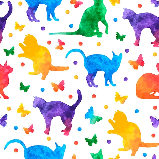 Colorful watercolor seamless pattern with cute cats and butterflies isolated on white background