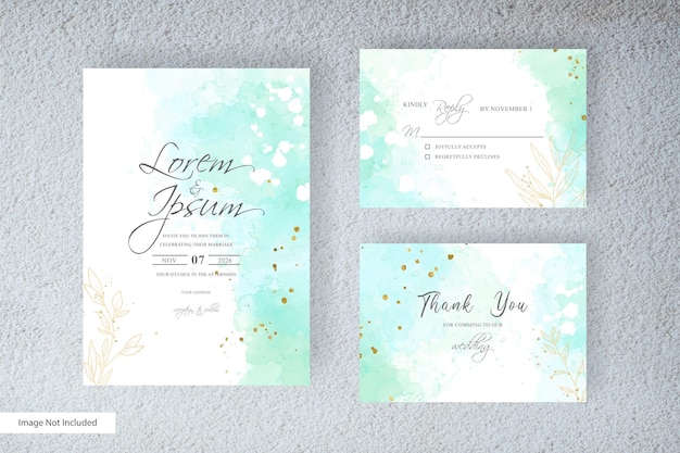 Colorful watercolor wedding invitation card with elegant style and abstract hand painted liquid watercolor