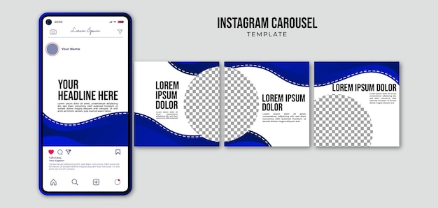 Colorful wave abstract background instagram carousel template with smartphone