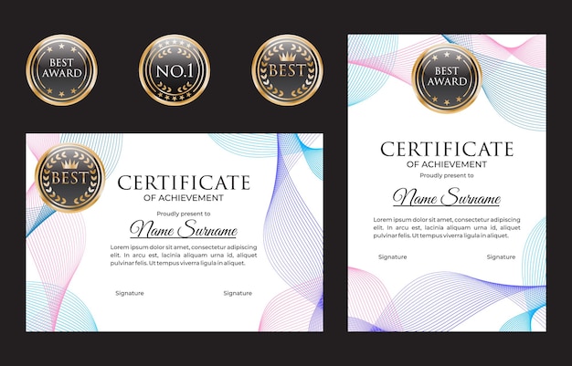 Vector colorful wave lines certificate of graduationtemplate with gold badge