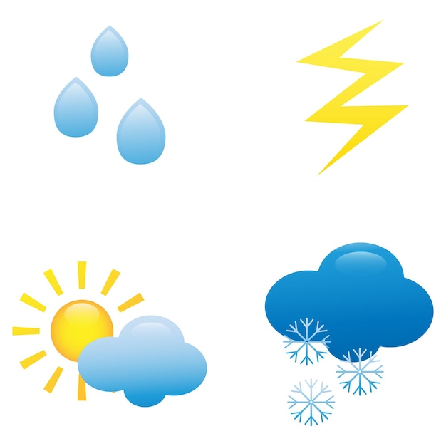 Set di icone meteo colorate simboli piatti meteo previsioni meteorologia e elementi di design climatici isolati su sfondo bianco contiene icone del sole nuvole pioggia neve e fulmini