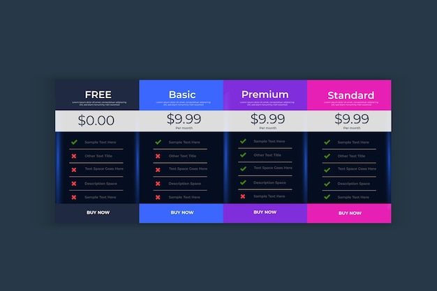 Colorful web pricing table design for business