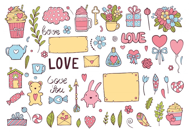 Insieme di vacanze di san valentino o giorno di matrimonio colorato. raccolta di icone carina doodle per carte, invito, stampe