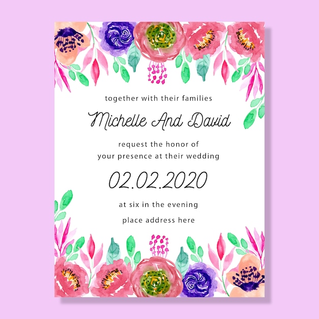 colorful wedding invitation card with watercolor floral