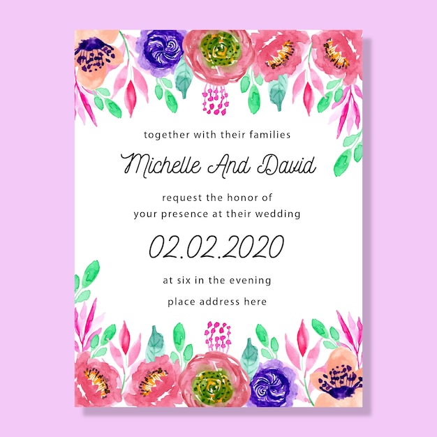 Colorful wedding invitation card with watercolor floral