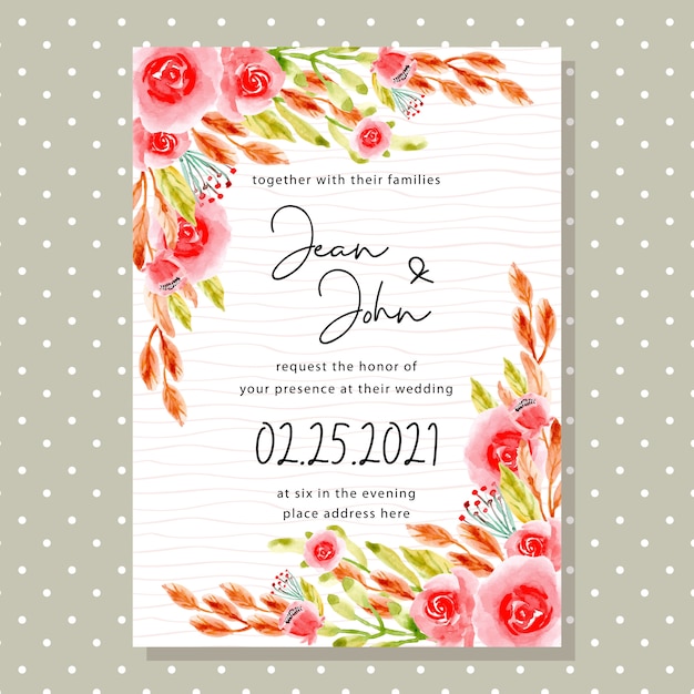 水彩画の花とカラフルな結婚式の招待カード