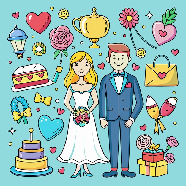Vector colorful wedding and romance icons vector collection