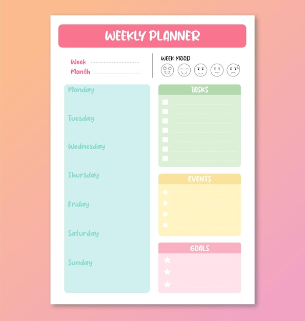 A colorful weekly planner on a pink background.