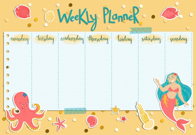 Colorful weekly planner with a mermaid, seaweed, fishes, shells and octopus. 