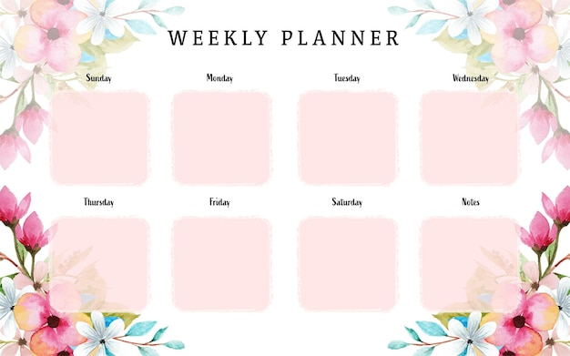 Planner settimanale colorato con sfondo floreale acquerello rustico