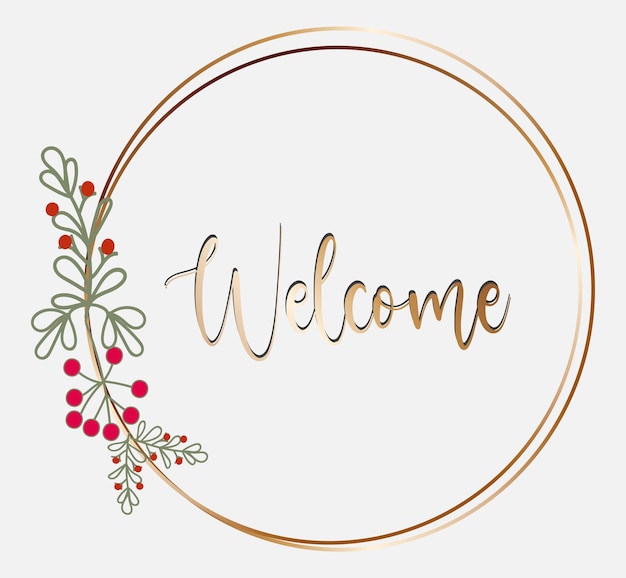 Colorful welcome composition with origami style wreath frame with line art green leaves.