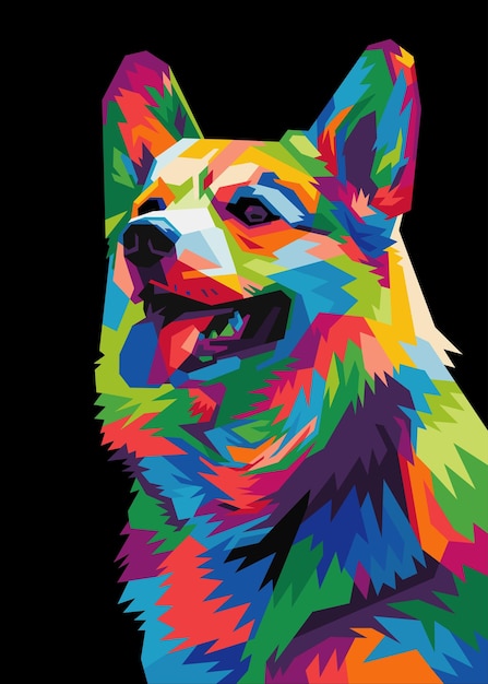 Colorful Welsh Corgi dog head with cool isolated pop art style background