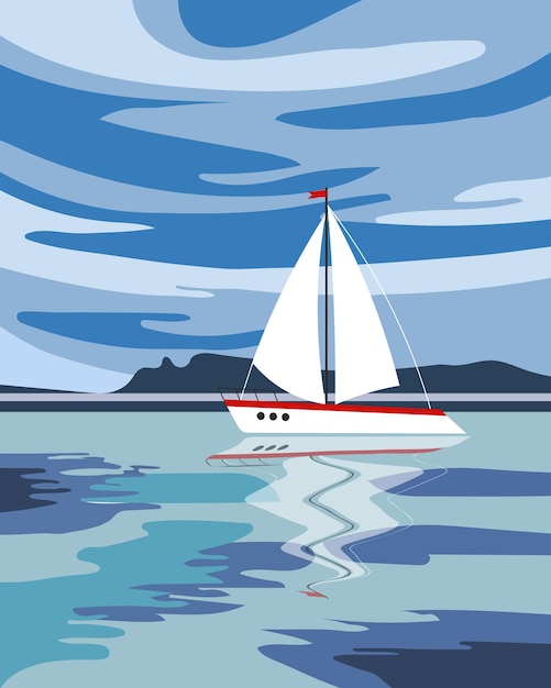 Colorful white yacht in the ocean seascape with cloudy sky Travel concept Summer illustration