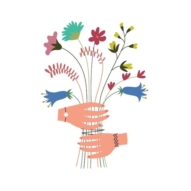 Vector colorful wildflowers bouquet in hands