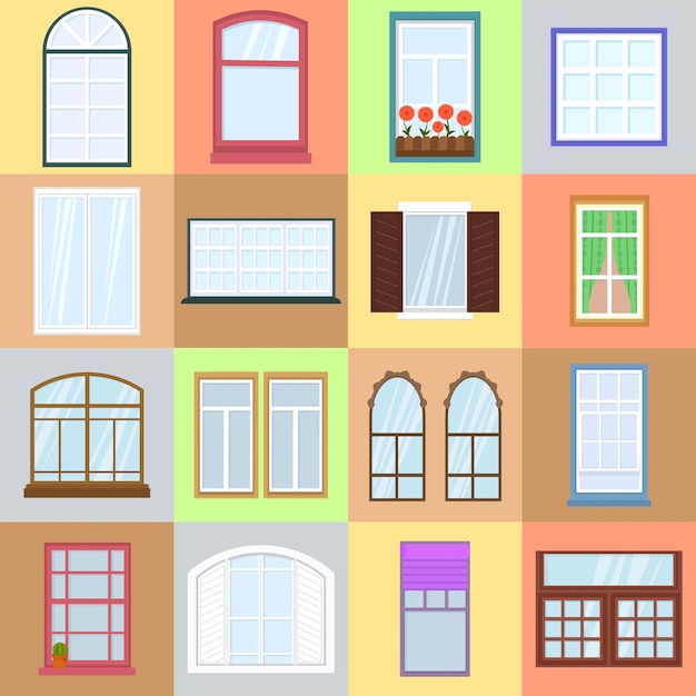 Vector colorful windows set house construction interior windows of various forms architecture design