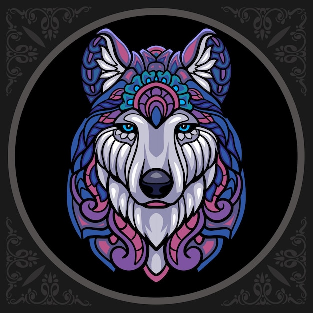 검은 배경에 고립 된 다채로운 늑대 머리 Zentangle 예술