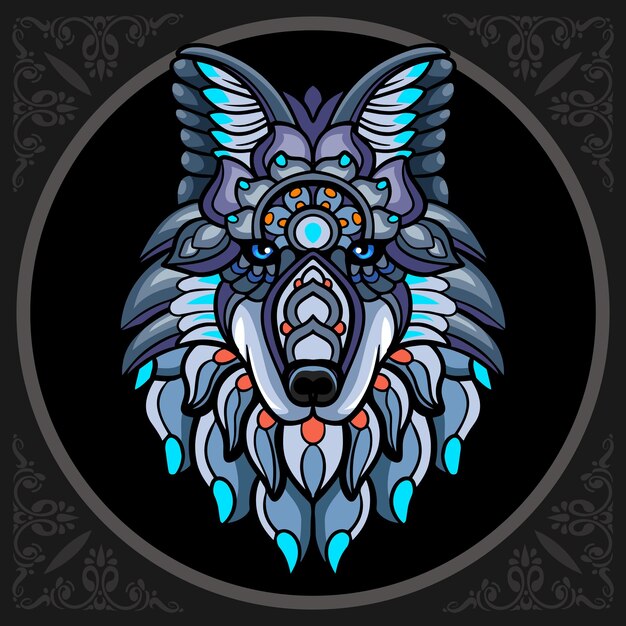 벡터 검은 배경에 고립 된 다채로운 늑대 머리 zentangle 예술