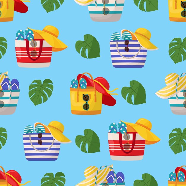Colorful women's summer bags with beach accessories Seamless pattern