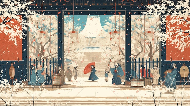 ベクトル 江戸時代の風景を描いたカラフルな木版画