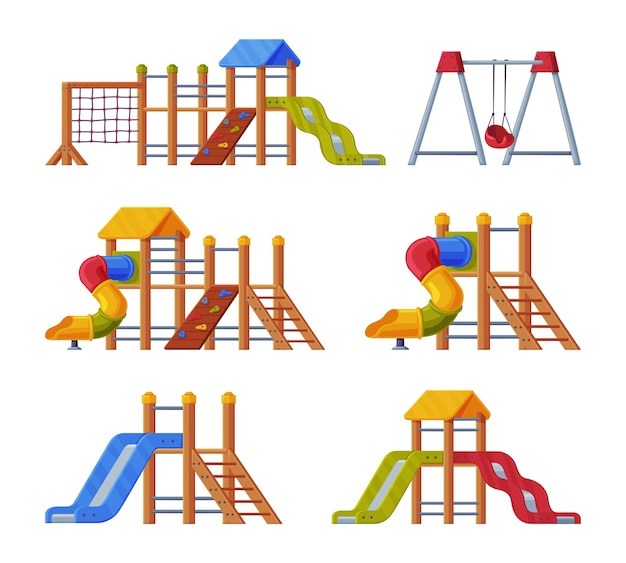 Colorful Wooden Slide with Tube and Ladder on Playground Vector Illustration Set Children Playing Zone and Area Equipment Concept