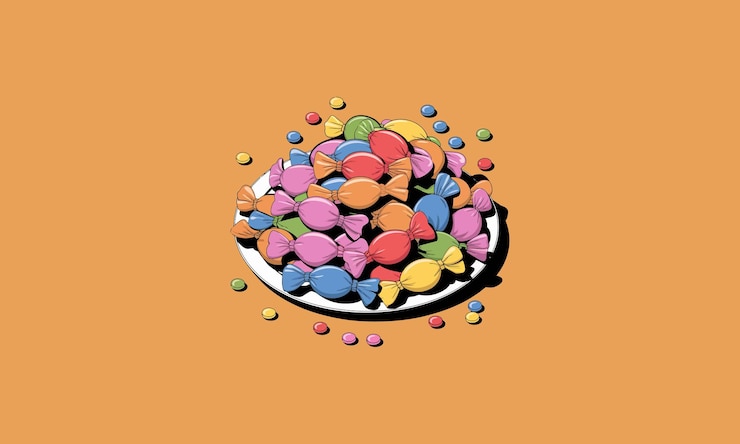 Vector colorful wrapped candies piled on a plate with scattered pieces