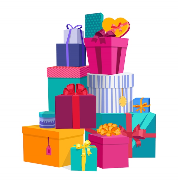 Colorful wrapped present gift boxes with bows