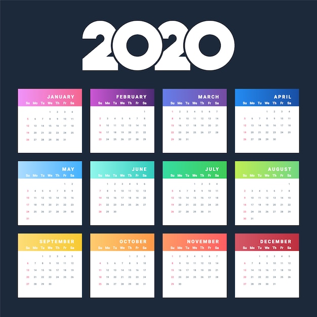 Modello di vettore del calendario colorato anno 2020