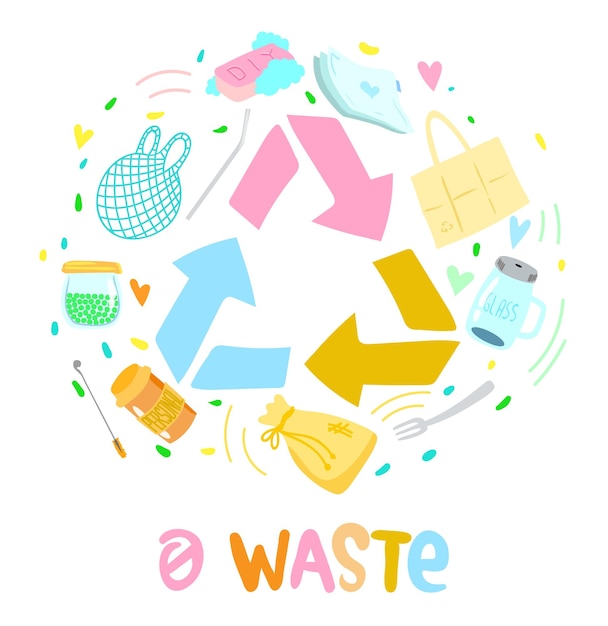 다채로운 Zero Waste 로고 디자인 템플릿 세트 No Plastic And Go Green 개념 In Circle Form Vector 에코 라이프스타일 기호 및 심볼 컬렉션