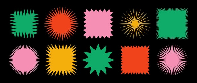 Colorful zig zag edge square and circle shapes collection Jagged patches set Bright graphic design