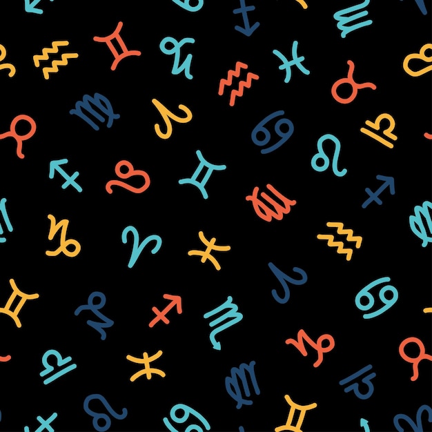 Colorful zodiacal signs seamless pattern with black background.