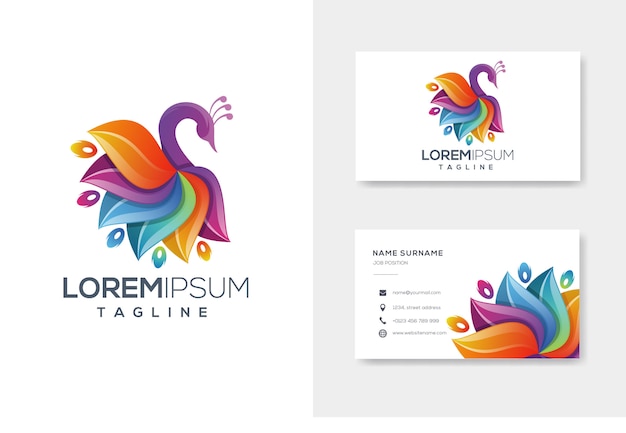 Vector colorfull abstract peacock logo with business card